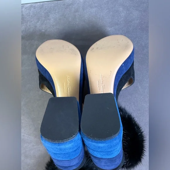 Salvatore Ferragamo suede mink platform sandals color-blocked blue black SIZE 5 - Picture 12 of 14